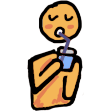 yellow figure with eyes closed holding a glass of water with one hand and drinking from it with a straw.